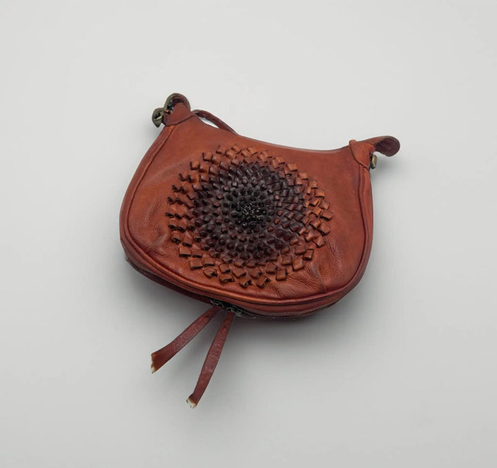 Handmade Tan Leather Crossbody Bag with Flower Design - ELLY