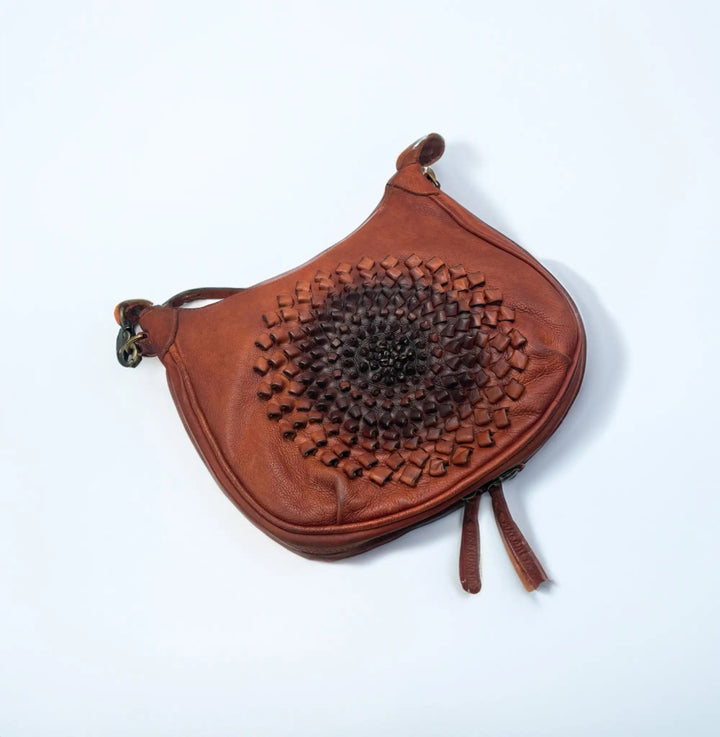 Handmade Tan Leather Crossbody Bag with Flower Design - ELLY