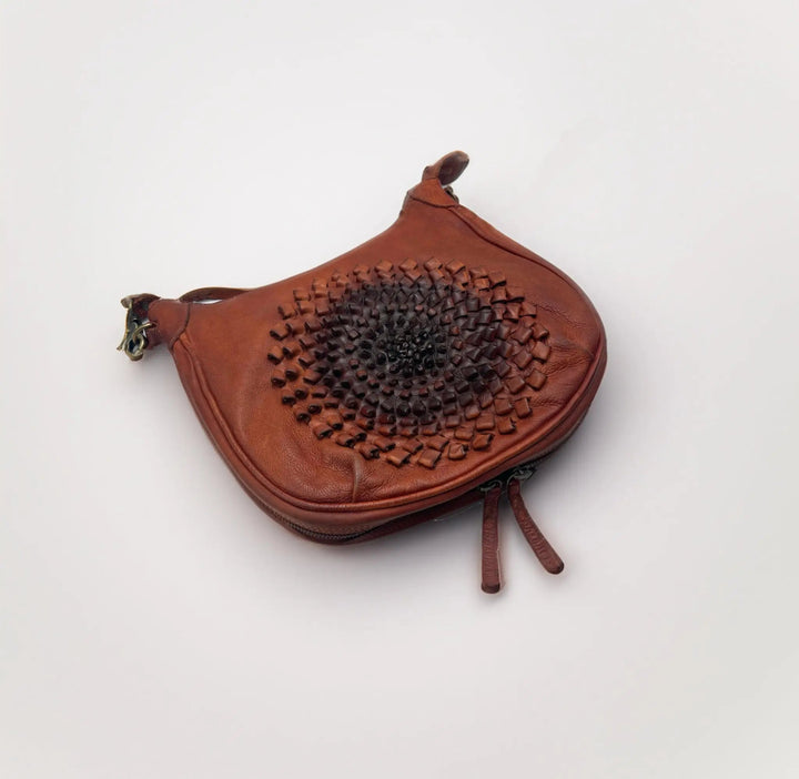 Handmade Tan Leather Crossbody Bag with Flower Design - ELLY