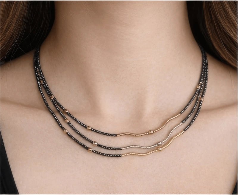 Hematite beads necklace featuring rhodium - coated metal in three elegant colors - ELLY