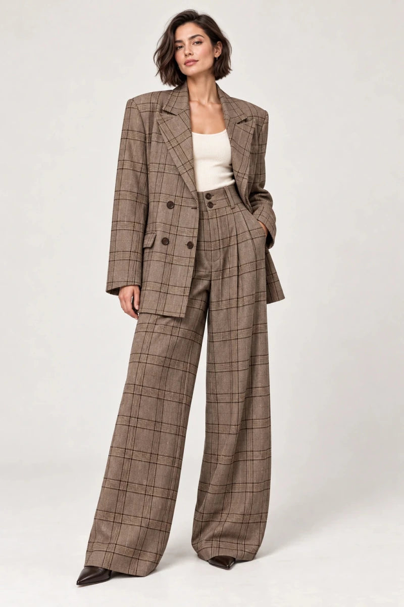Rosalinda brown check blazer and matching Hope wide-leg trousers shown standing, styled with an ivory sleeveless top.