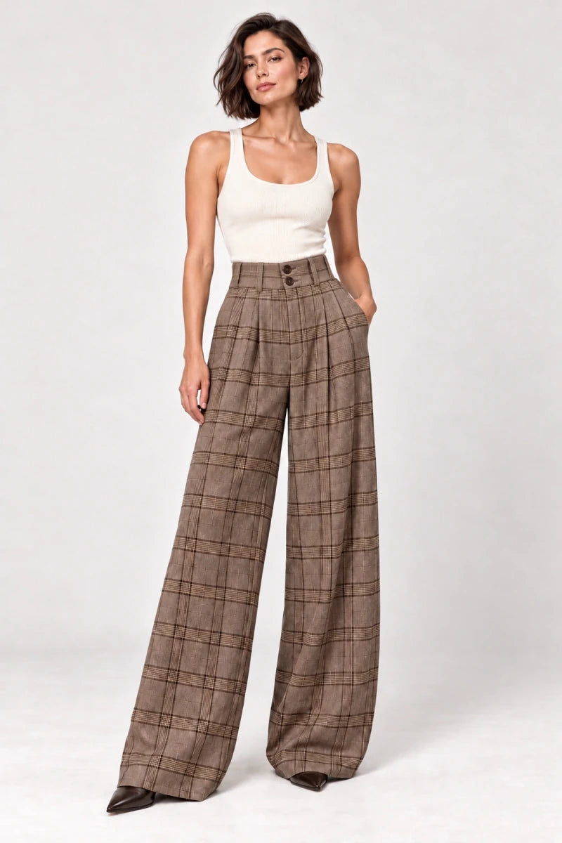 Full-length front view of Hope brown check wide-leg trousers styled with an ivory sleeveless top.