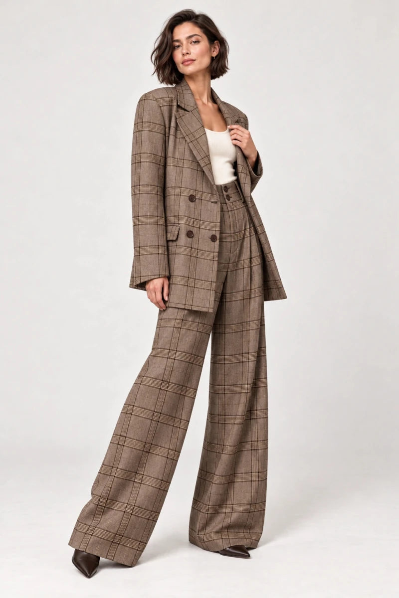 Rosalinda brown check blazer and matching Hope wide-leg trousers shown in a three-quarter view, styled with an ivory sleeveless top.