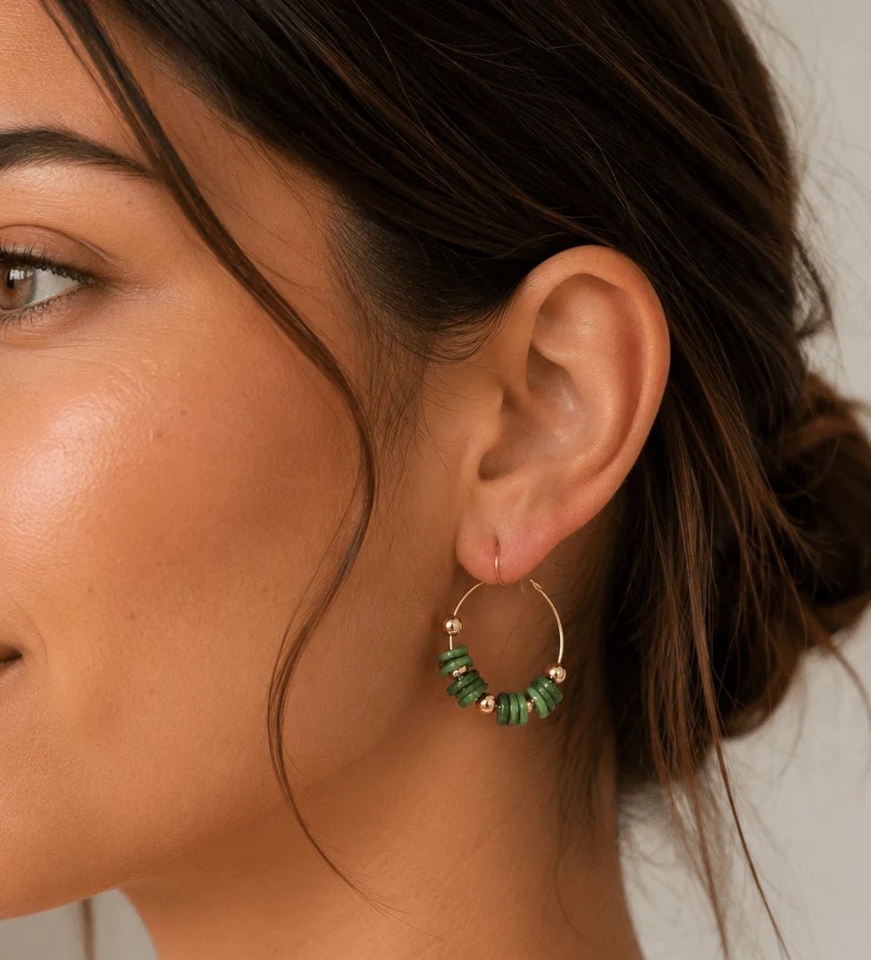Jade Green Nacre & Gold Hoop Earrings - ELLY