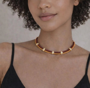 Leather Cord Choker with Gold Accents - ELLY