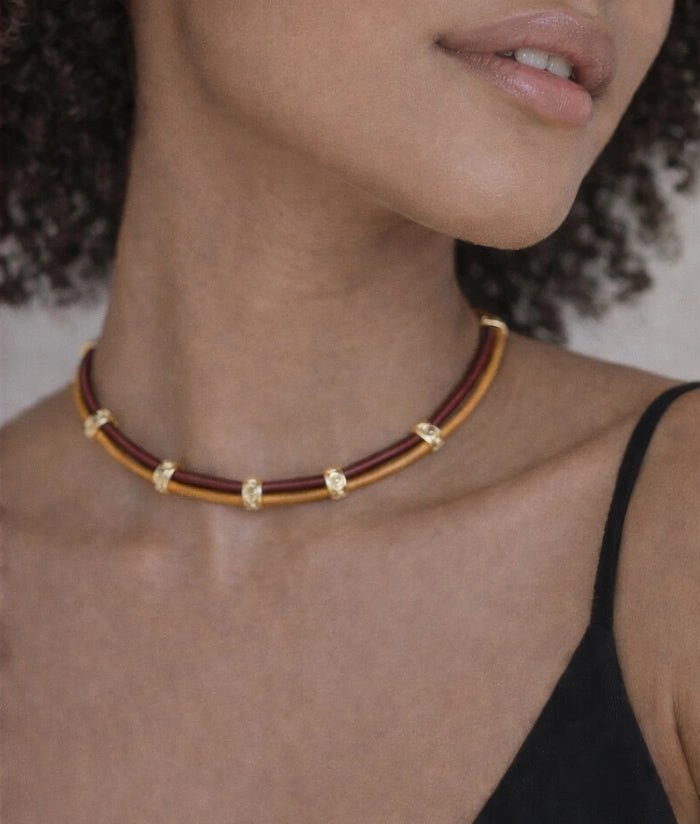 Leather Cord Choker with Gold Accents - ELLY