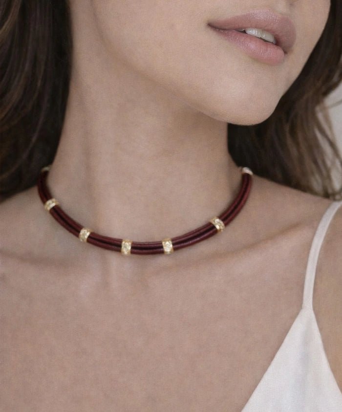 Leather Multi - Strand Gold Accent Choker - ELLY