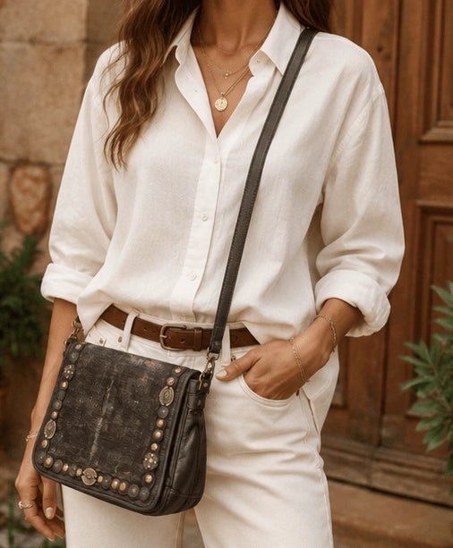 Leather Studded Crossbody Bag - ELLY