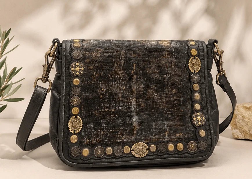 Leather Studded Crossbody Bag - ELLY