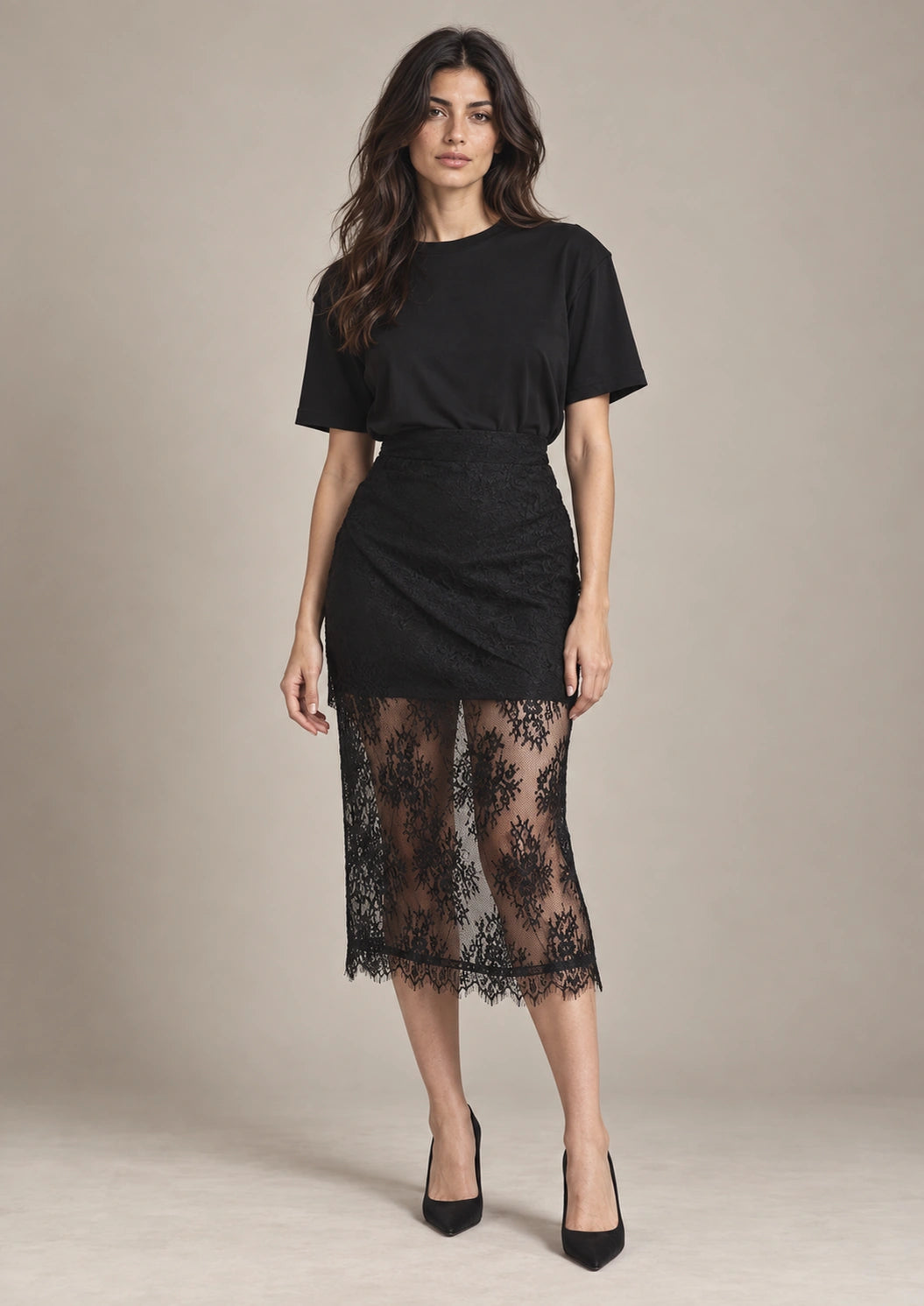 Letizia Black Lace Midi Skirt – Nero in Nero, full-length view on model emphasizing the skirt