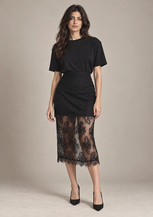 Letizia Black Lace Midi Skirt – Nero in Nero, full-length view on model emphasizing the skirt
