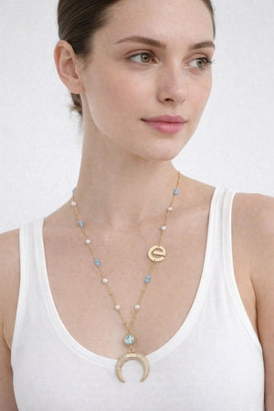 Light Blue Zircon Half - Moon Necklace - ELLY