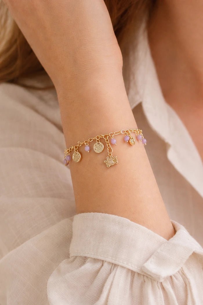 Lilac Double Bracelet Set with 18 Karat Gold - Plated Charms - ELLY