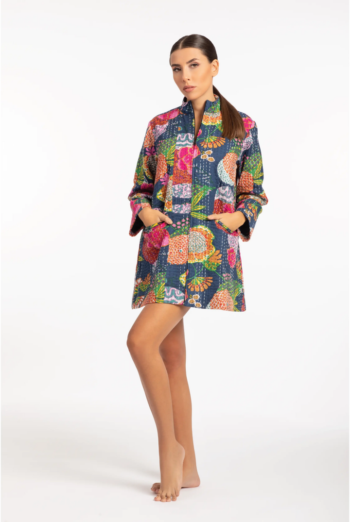 Limited Edition Handmade Cotton Kimono - Navy Blue with Floral and Tropical Fruits Designs - ELLY