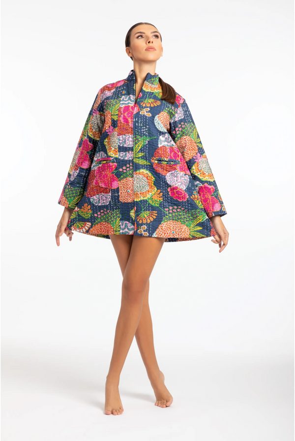 Limited Edition Handmade Cotton Kimono - Navy Blue with Floral and Tropical Fruits Designs - ELLY