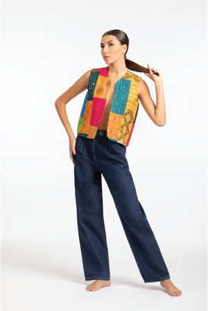 Limited Edition Handmade Cotton Patchwork Vest - Multicolor Kantha - ELLY