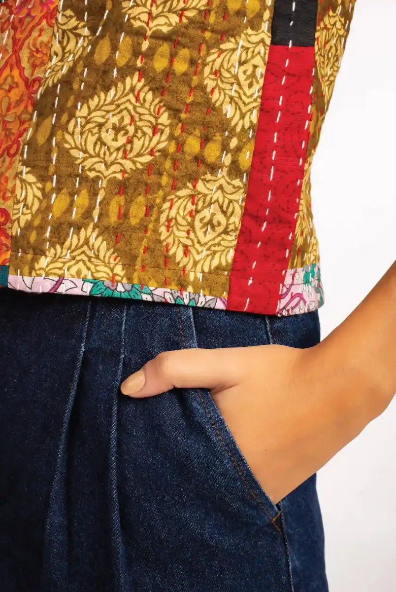 Limited Edition Handmade Cotton Patchwork Vest - Multicolor Kantha - ELLY