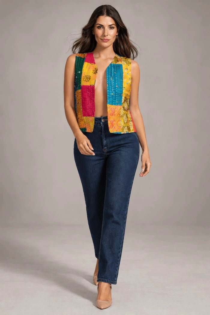 Limited Edition Handmade Cotton Patchwork Vest - Multicolor Kantha - ELLY
