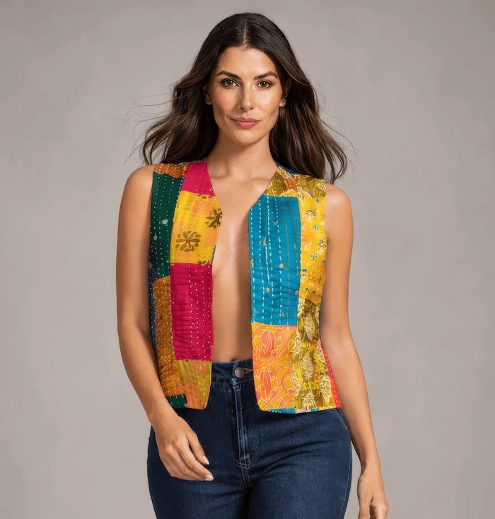 Limited Edition Handmade Cotton Patchwork Vest - Multicolor Kantha - ELLY