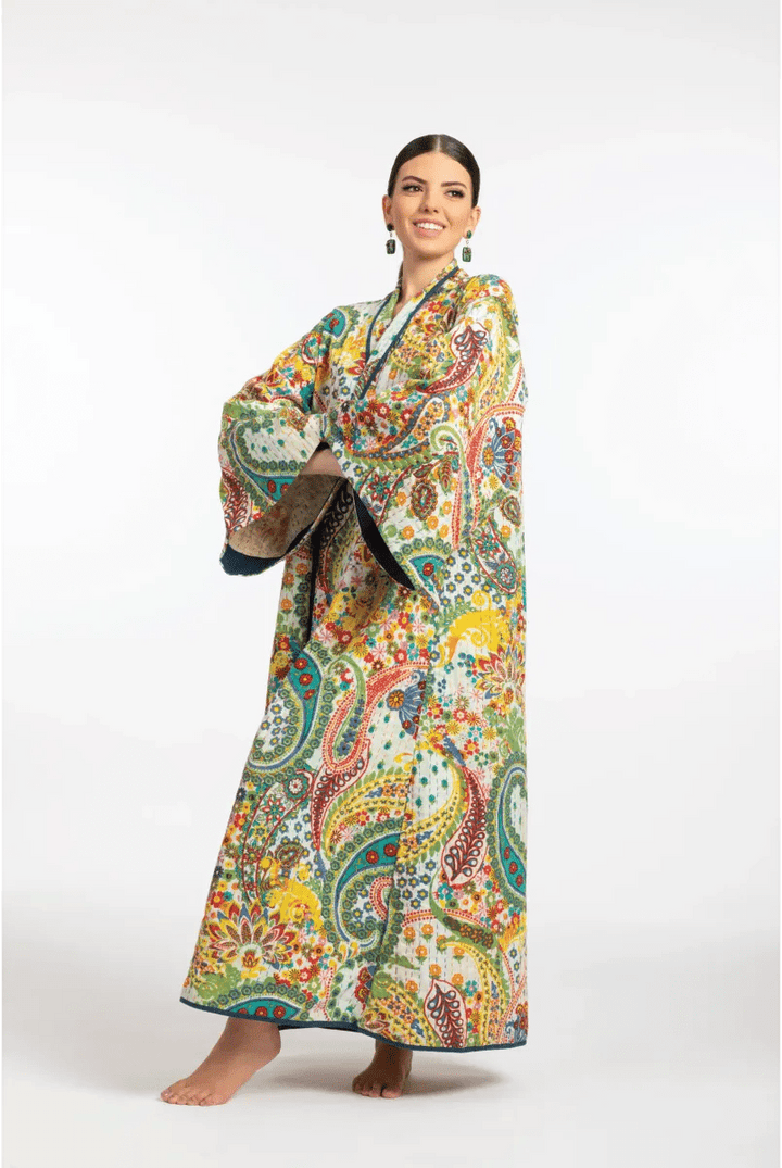 Limited Edition Handmade Paisley Kantha Cotton Kimono - Bohemian Floral Multicolor Print - ELLY