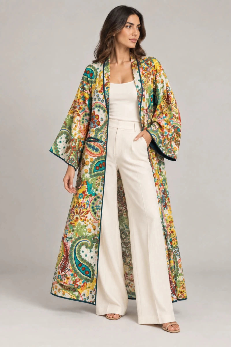 Limited Edition Handmade Paisley Kantha Cotton Kimono - Bohemian Floral Multicolor Print - ELLY