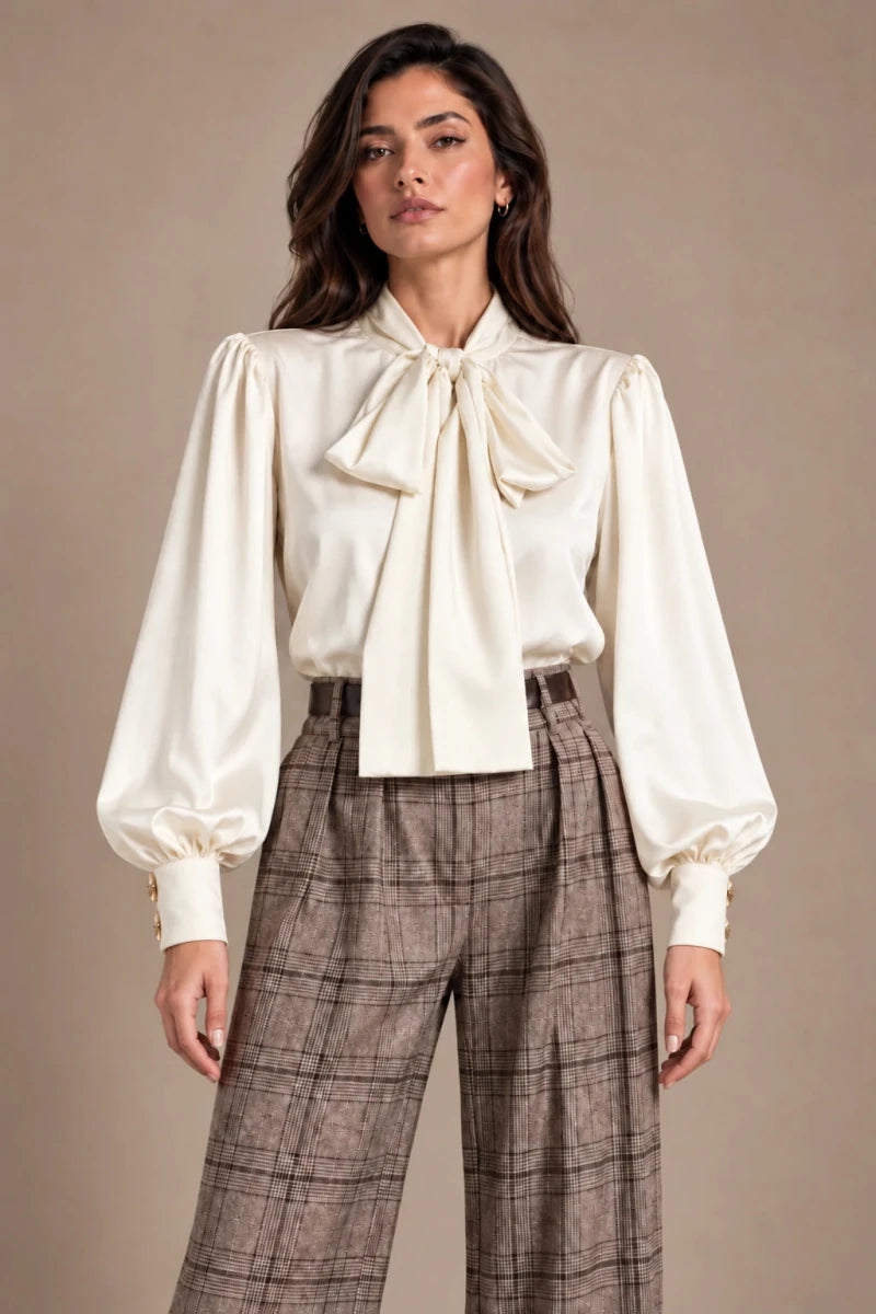 Front view of the Loredana Panna Bow-Neck Shirt in ivory, with a large neck bow and long gathered sleeves, worn with checked trousers.