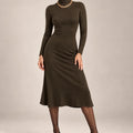 Front view of Lucia long-sleeve midi dress with a high neckline, fitted bodice and gently flared skirt.