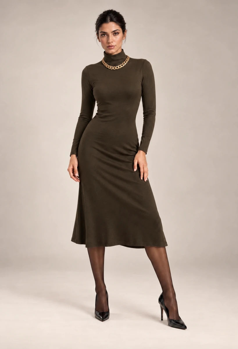 Front view of Lucia long-sleeve midi dress with a high neckline, fitted bodice and gently flared skirt.