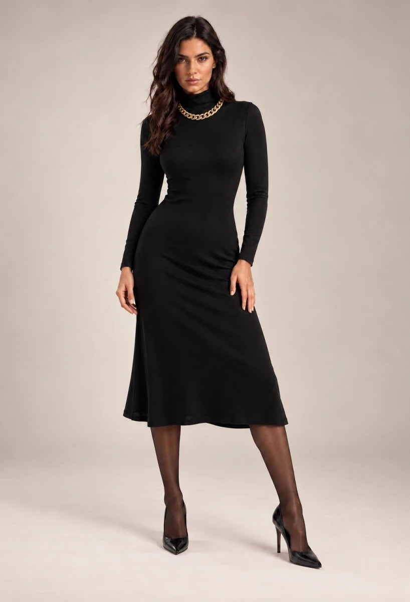 Full-length front view of the black Lucia Nero midi dress with a high neck and long sleeves, shown with a gold-tone chain necklace.