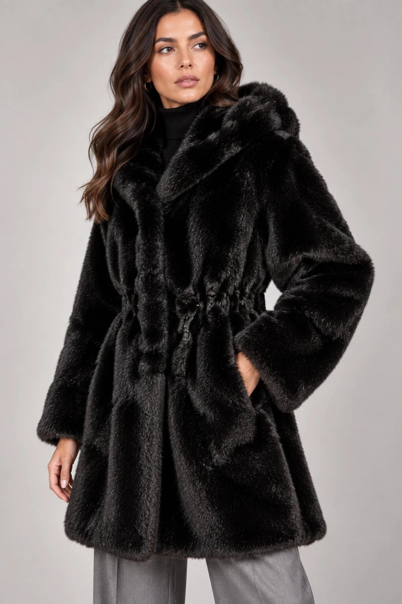 Luxora Plush Fur Italian Hooded Coat – Black - ELLY