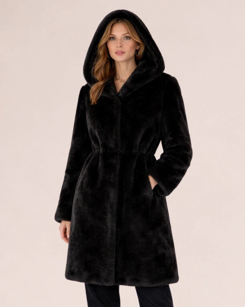 Luxora Plush Fur Italian Hooded Coat – Black - ELLY