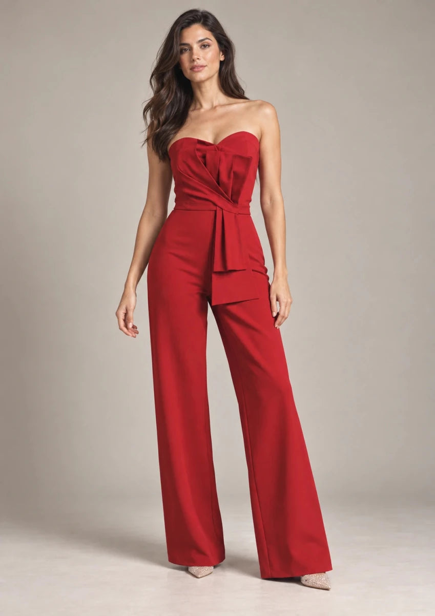 Mabel Red Strapless Jumpsuit – Rosso in Rosso, full-length model view showing the strapless bodice and wide-leg silhouette