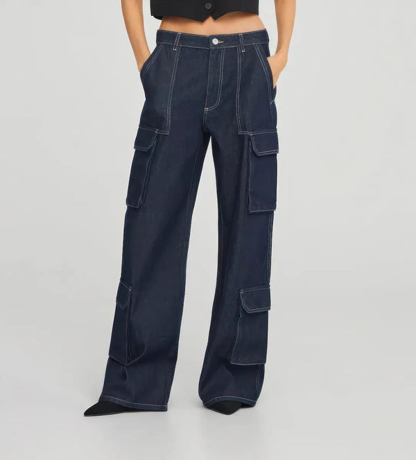 Midnight Cargo Wide - Leg Denim Pants - ELLY