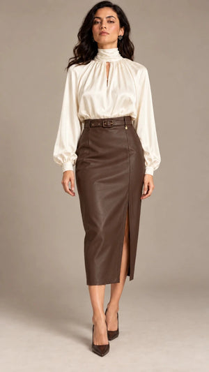 Front view of a model wearing the brown belted leather-look midi skirt with an ivory blouse and brown heels.