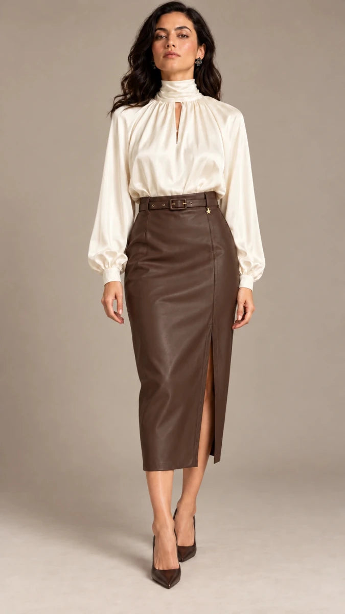 Front view of a model wearing the brown belted leather-look midi skirt with an ivory blouse and brown heels.