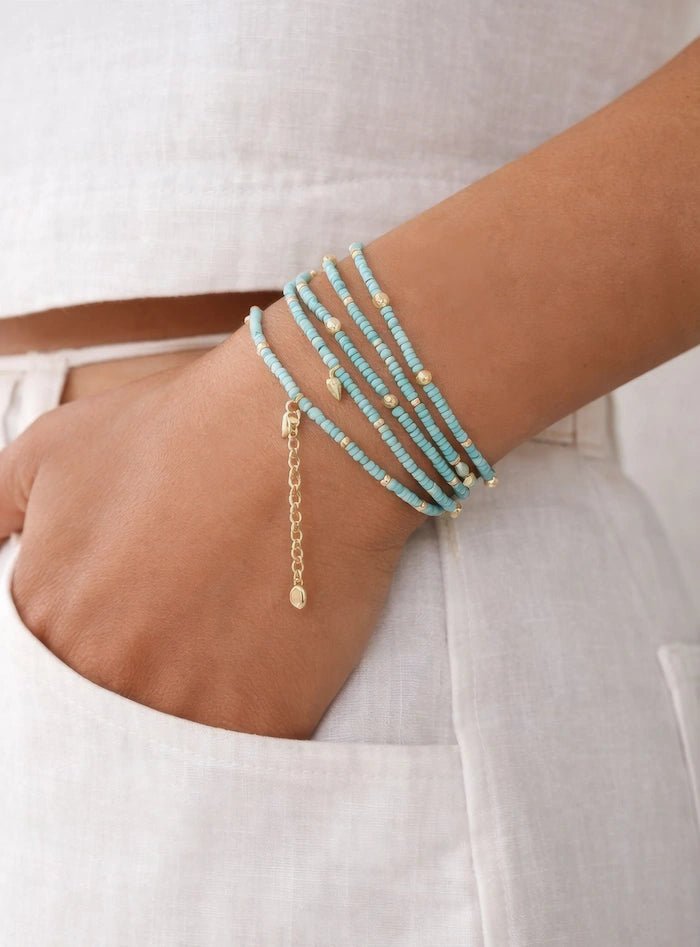 Mint Turquoise Beaded Convertible Necklace, Bracelet & Belt with Gold Charms - ELLY