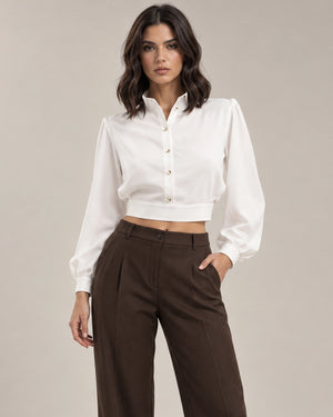 Mirella cropped shirt in Bianco Seta, product detail, Made in Italy