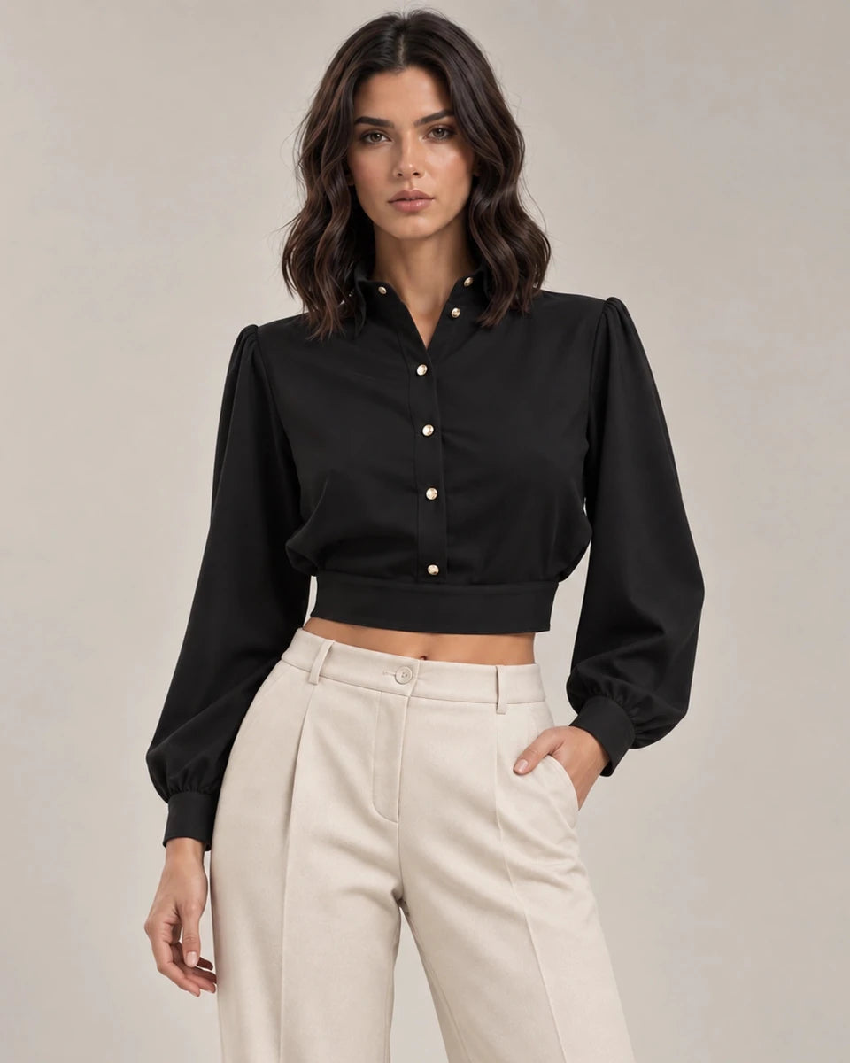 Mirella cropped shirt in Nero, product detail, Made in Italy