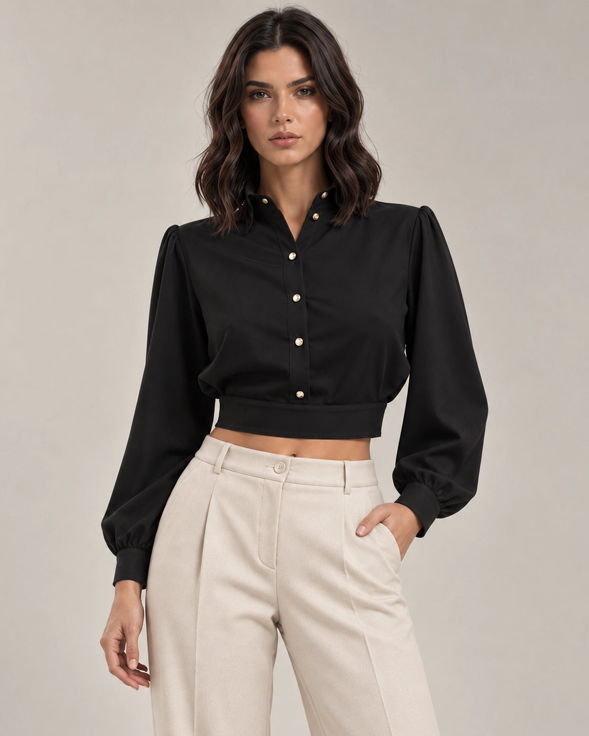 Mirella cropped shirt in Nero, product detail, Made in Italy