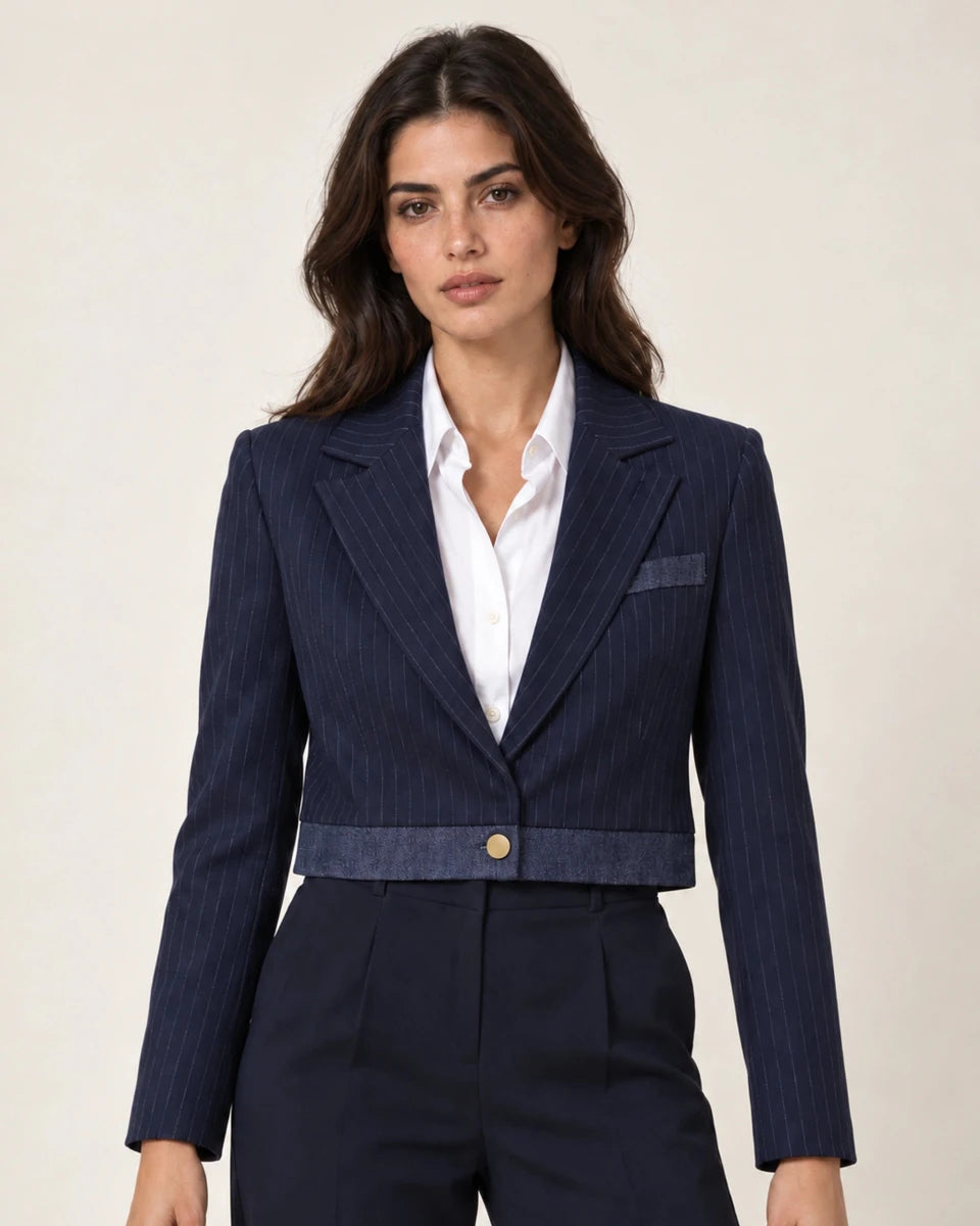 Moana navy pinstripe cropped jacket with a chest pocket and contrast hem, worn over a white top
