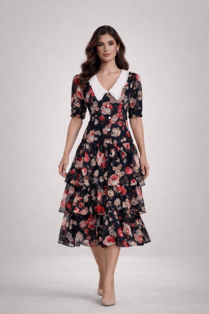 Modern Romance Floral Chiffon Midi Dress - ELLY