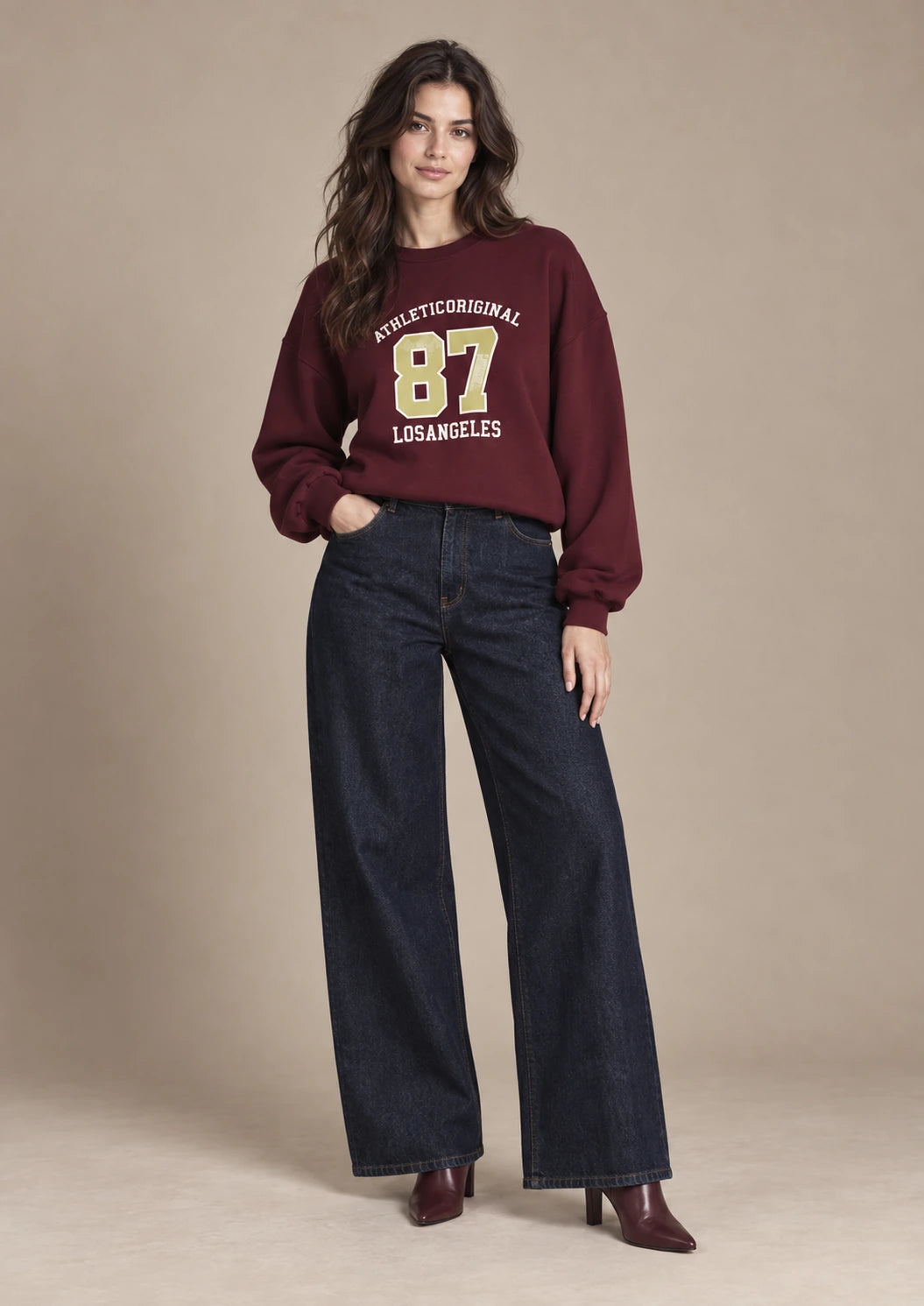 Morgan Bordeaux 87 Sweatshirt in Bordeaux, full-length view on model showing the upper garment silhouette
