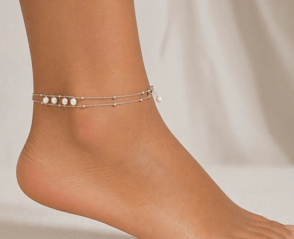 Mother of Pearl Chain Anklet – Silver Tone - ELLY