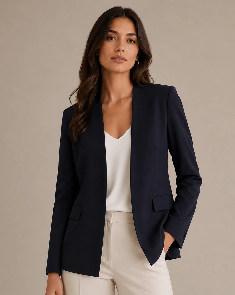Navy Blue Open Front Linen Blazer - ELLY