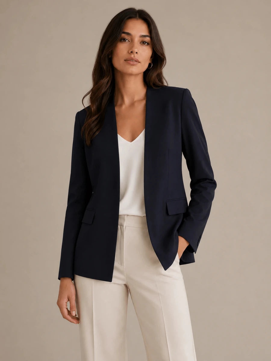 Navy Blue Open Front Linen Blazer - ELLY