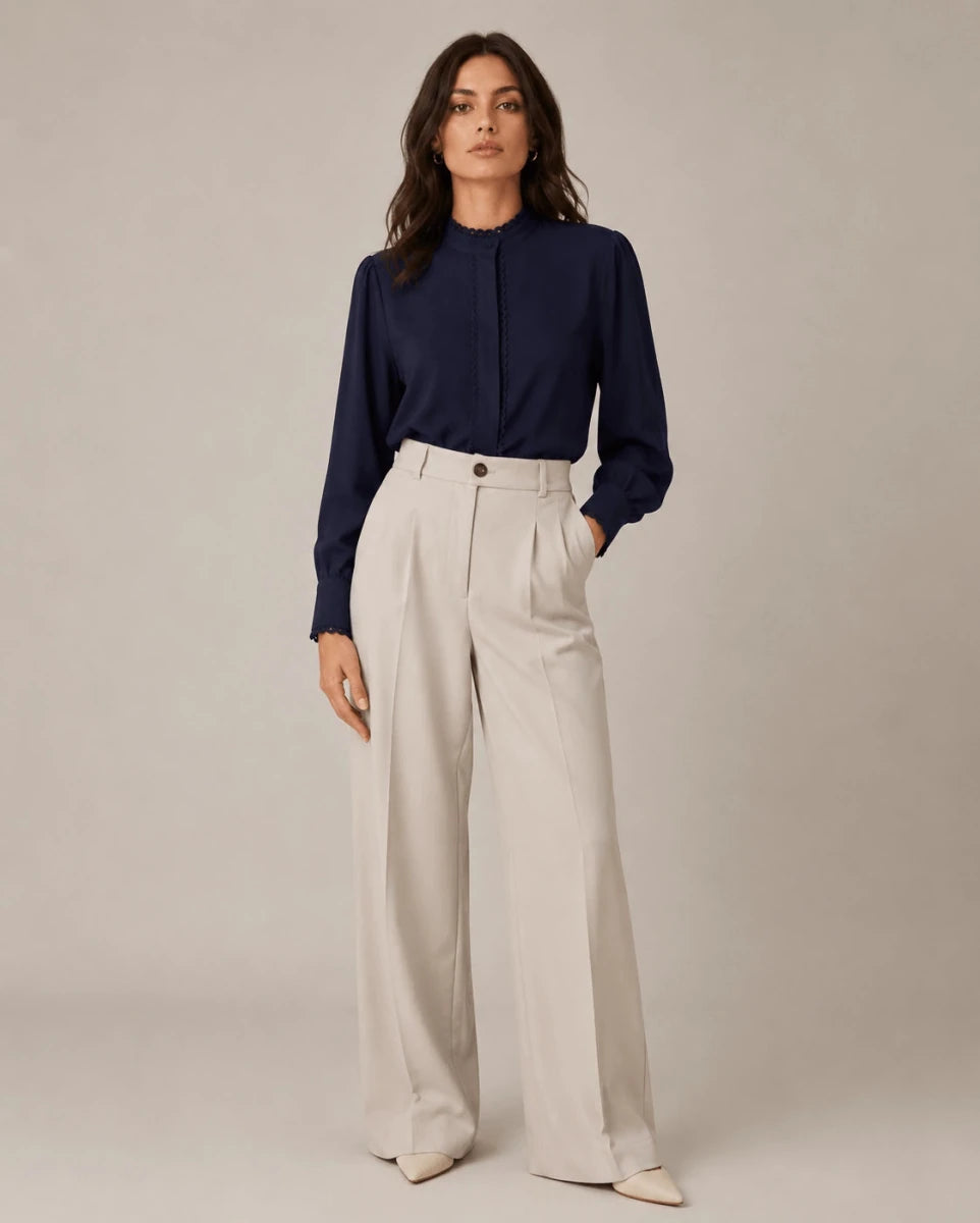 Navy Blue Scalloped Trims Shirt - ELLY