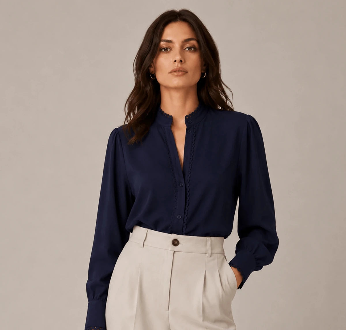 Navy Blue Scalloped Trims Shirt - ELLY