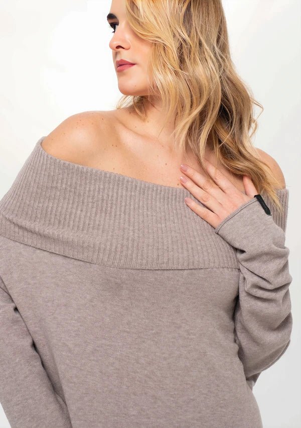 Off-Shoulder Ribbed Knit Midi Dress Tortora | ELLY Tortora / Medium | Large Off-Shoulder Ribbed Knit Midi Dress Tortora | ELLY Tortora / Medium | Large
