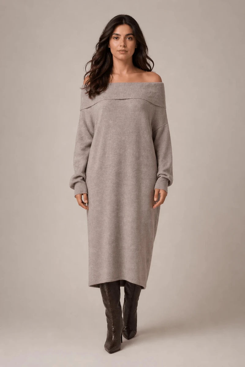 Off - Shoulder Ribbed Knit Midi Dress – Tortora - ELLY