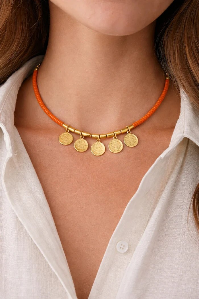 Orange Coin Charm Beaded Necklace - ELLY